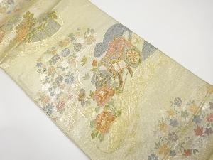 アンティーク　雲取りに御所車・草花模様織り出し袋帯（材料）